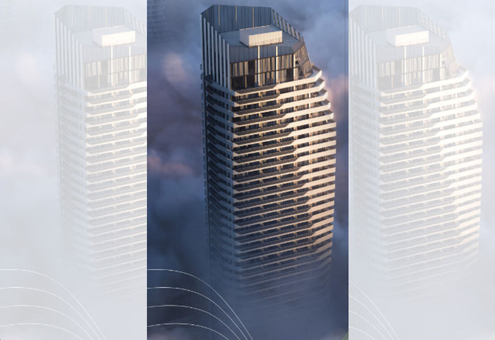 M6 Condos Aerial View of Tower Upper Levels Through the Clouds