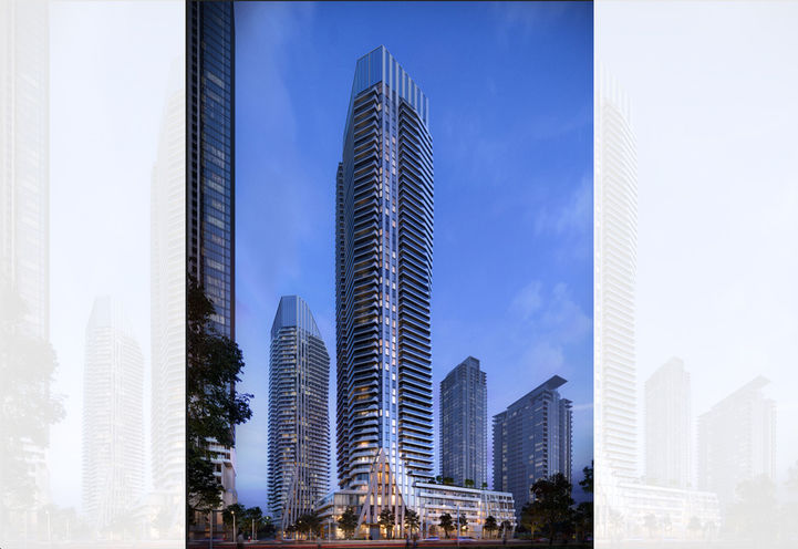 M6 Condos Exterior View of Tower at Dusk