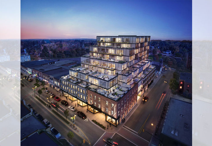 McGibbon on Main Condos Aerial View of Exteriors at Dusk