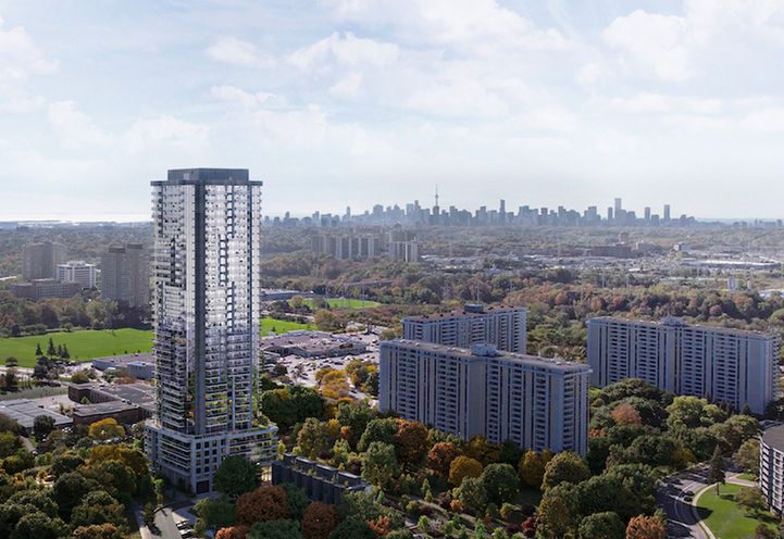 Metro Park Condos Aerial View of Tower with Skyline in Background