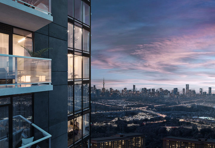 Metro Park Condos Balconies and Skyline View at Dusk