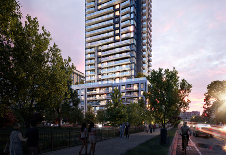 Metro Park Condos Exterior View of Lower Levels at Dusk