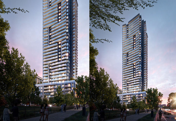 Metro Park Condos Split Screen of Lower Levels and Tower