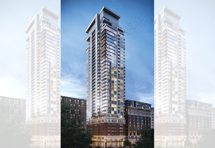 Moderne Condos Exterior View of Tower at Dusk