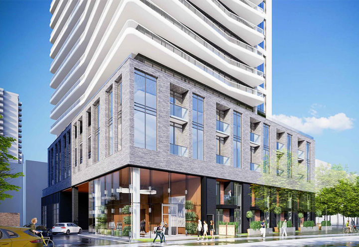 Olive Residences Street Corner View of Podium & Lower Level