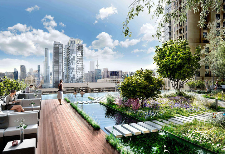 The One Condos Terrace Amenities with Greenery and Seating Area