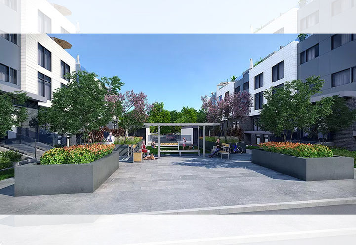 One Place Gardens Towns Courtyard and Exterior View of Units