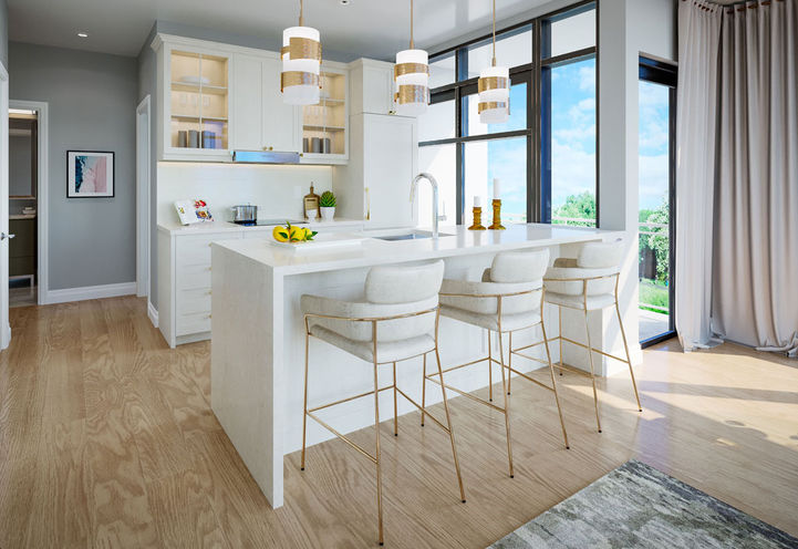 Kitchen Suite Seating, Cooking Space and Wood Floors Interior Design