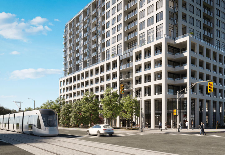 Street Level View of Podium View and Future Hurontario LRT and Traffic