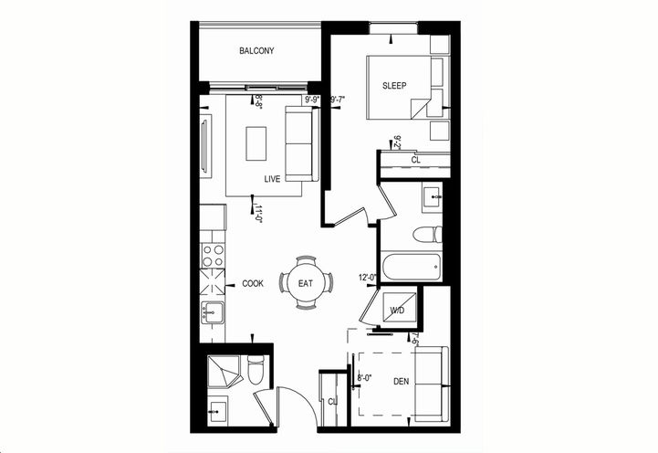 QA Condos 1 Bedroom plus Den Sample Floorplan