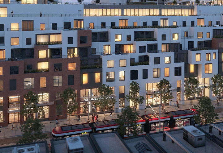 QA Condos, Looking down at Retail Signage and Pedestrian on Queen Street
