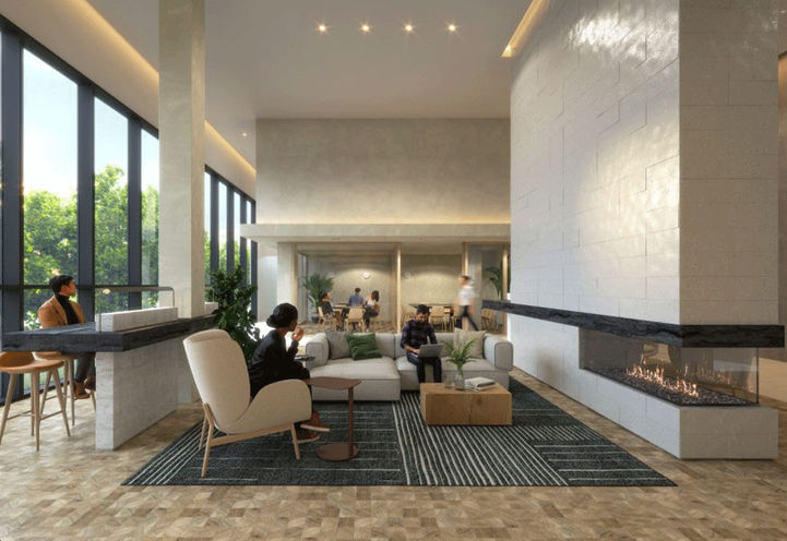 QA Condos, The Woodbine Co-working Space with Seating and Fireplace