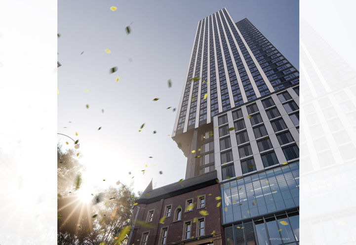 Queen Church Condos Looking Up at Tower Exterior Architecture
