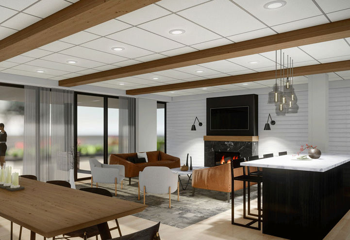 Riverwalk Niagara Condos - Party Room with Kitchenette and Lounge Area with Electric Fireplace