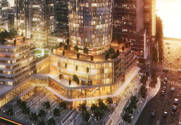 Aerial View Looking down at SkyTower Condos Podium at Dusk