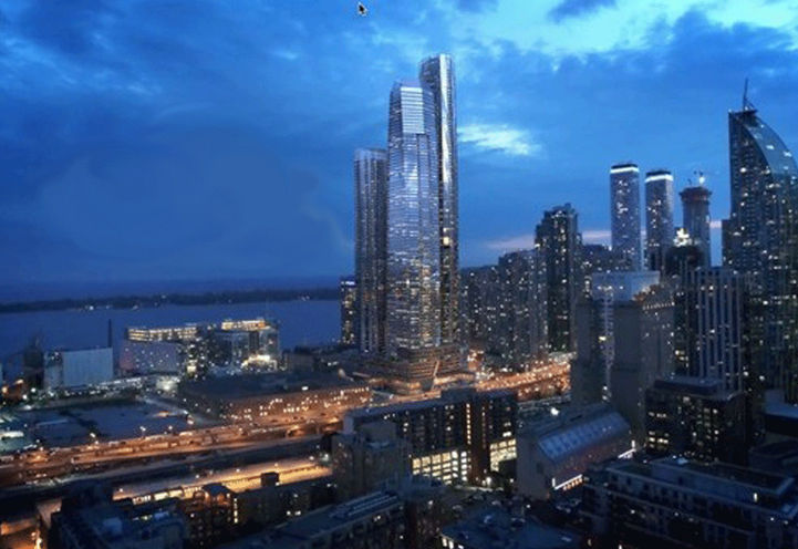 Bird's Eye View of SkyTower Condos and the Waterfront at Dusk