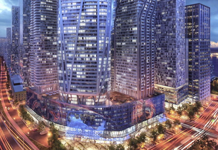 Close Up of SkyTower Condos Podium at Dusk Early Rendering