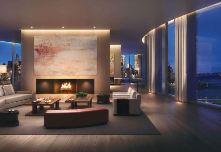 Dusk View of Living Room Suite with Fireplace at SkyTower Condos
