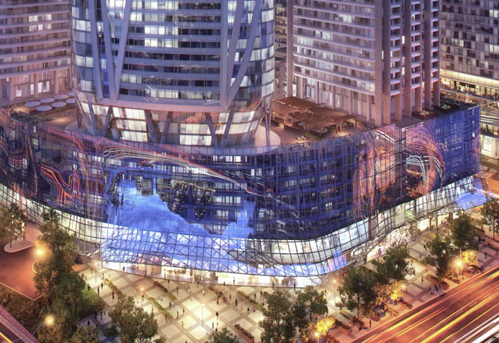 Dusk View of SkyTower  Condos Podium Early Rendering