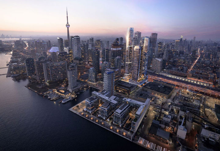 Looking to the City and Waterfront View of SkyTower Condos at Dusk