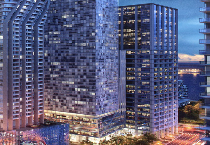 Podium View of SkyTower Condos at Dusk Early Rendering