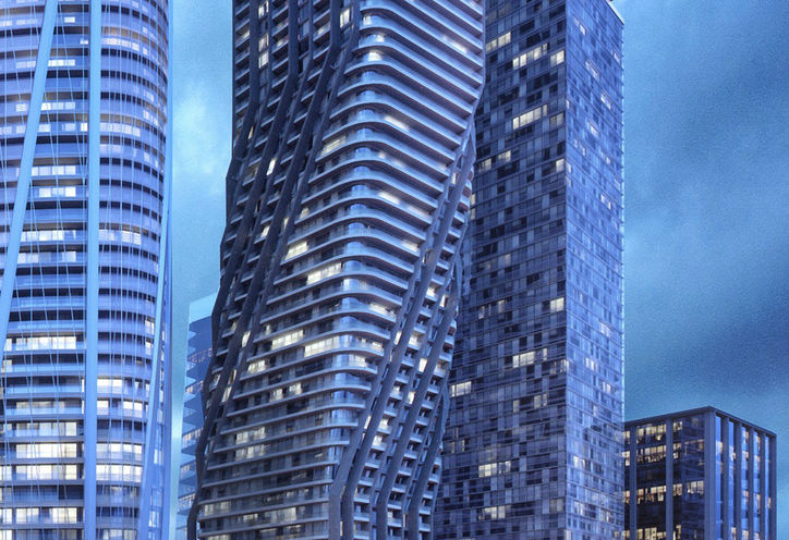 SkyTower Condos - Building Exterior at Dusk Early Rendering
