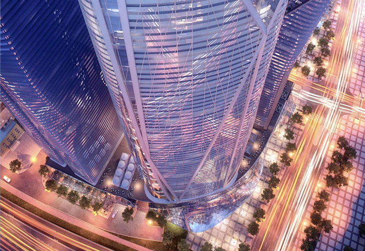 SkyTower Condos - Looking Down at the Podium at Dusk Early Rendering