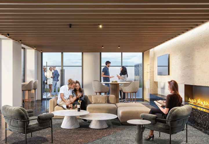 Square One District Condos Lounge with Fireplace, Dining and Outdoor Terrace