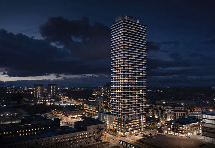 TEK Tower Condos Dusk Aerial Exterior View