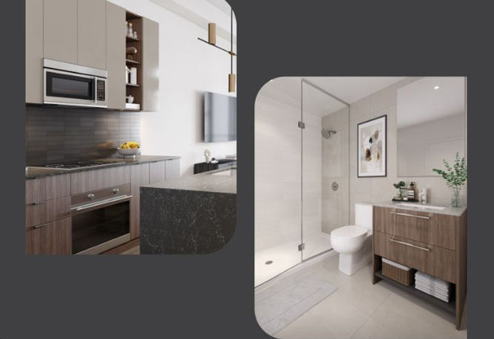 The Deane Condos Split Screen of Suite Kitchen and Bathroom