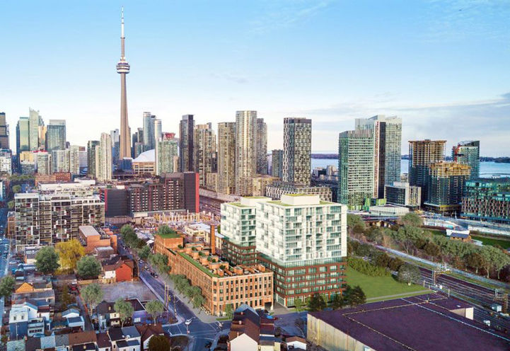 The Essery Condos Bird's Eye View - Exteriors Against Downtown Skyline