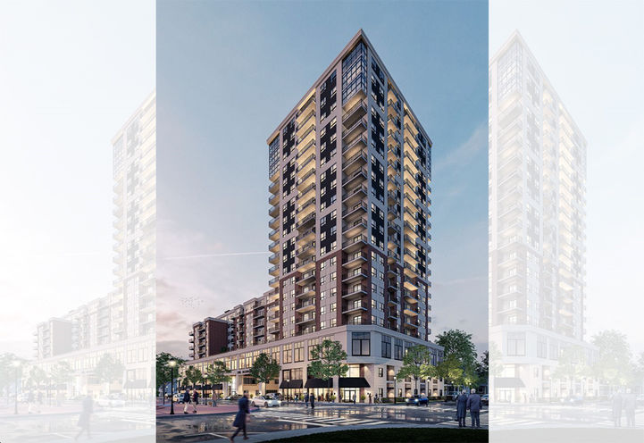 The Residences on Owen Exterior Street View of Podium and Tower