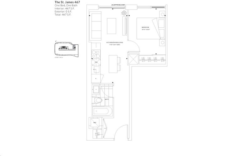 The Whitfield Condos 1 Bedroom, 1 Bath Sample Floorplan