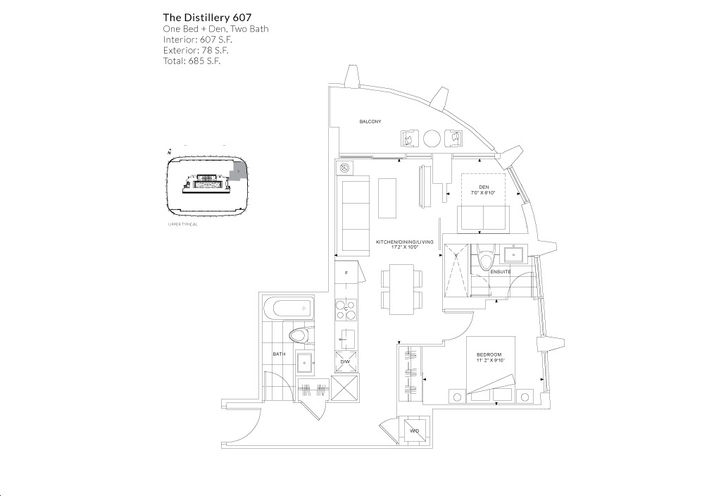 The Whitfield Condos 1 Bedroom, 2 Bath Sample Floorplan