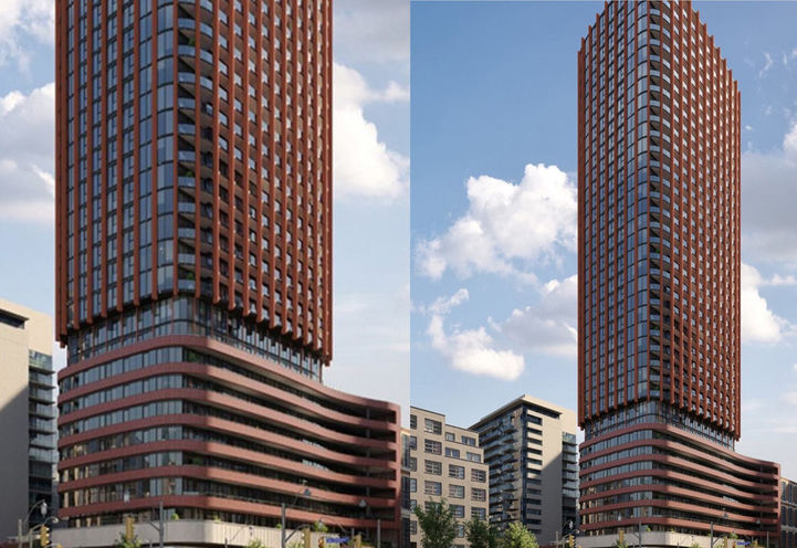 The Whitfield Condos Split Screen of Lower Levels and Tower Exteriors