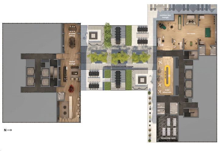 Aerial View of 9th Floor Outdoor and Indoor Amenities at Untitled