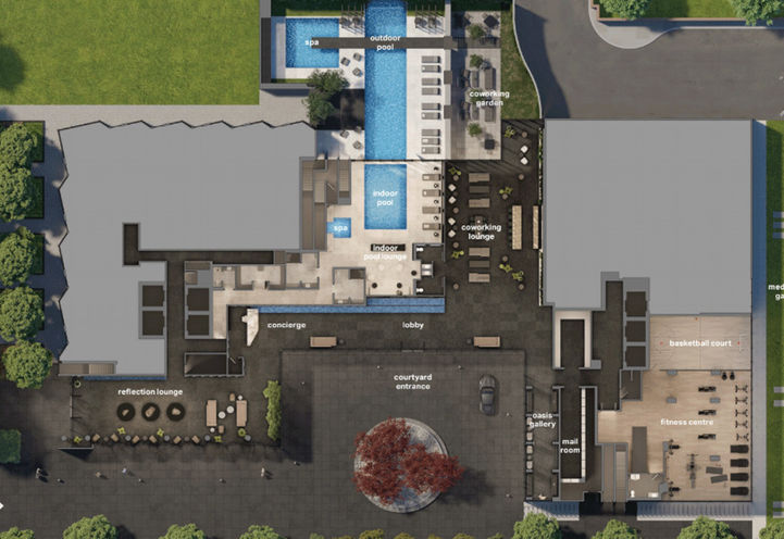 Aerial View of Ground Floor Outdoor and Indoor Resident Amenities