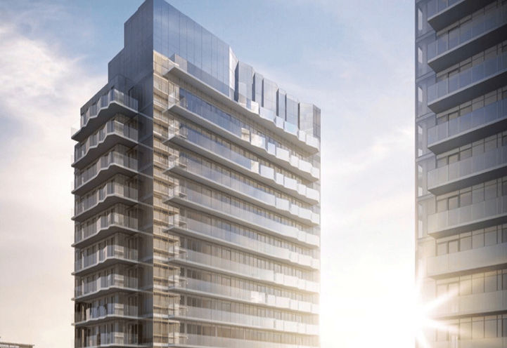Upper Floors Exterior View of Tower and Balconies at Sunset