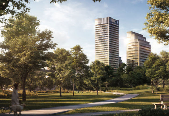 Looking at the Pathway and Towers of Untitled Toronto Condos