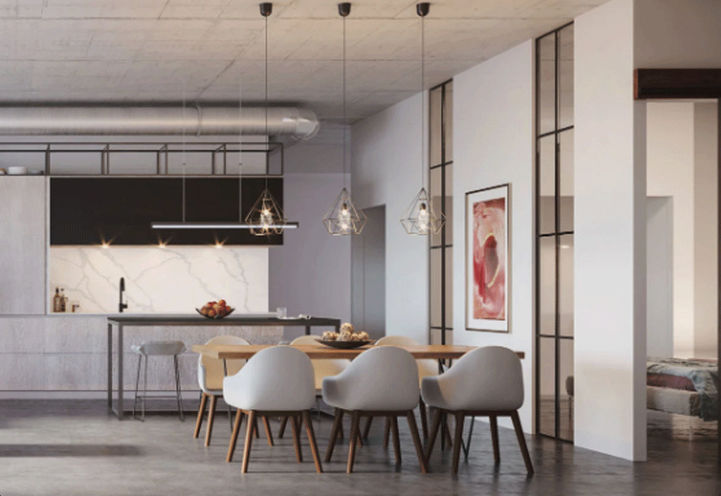 Loft Interiors Kitchen and Dining Area of Warehouse Lofts